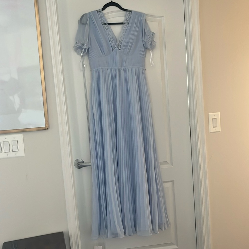 self-portrait Blue Chiffon Pleated Maxi Dress Size 8, NWT
